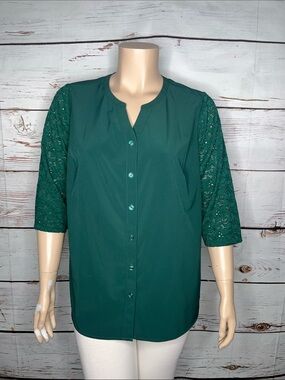 Denim & Co. Size 1X Green - Floral Lace Sleeve Button Up Blouse Top